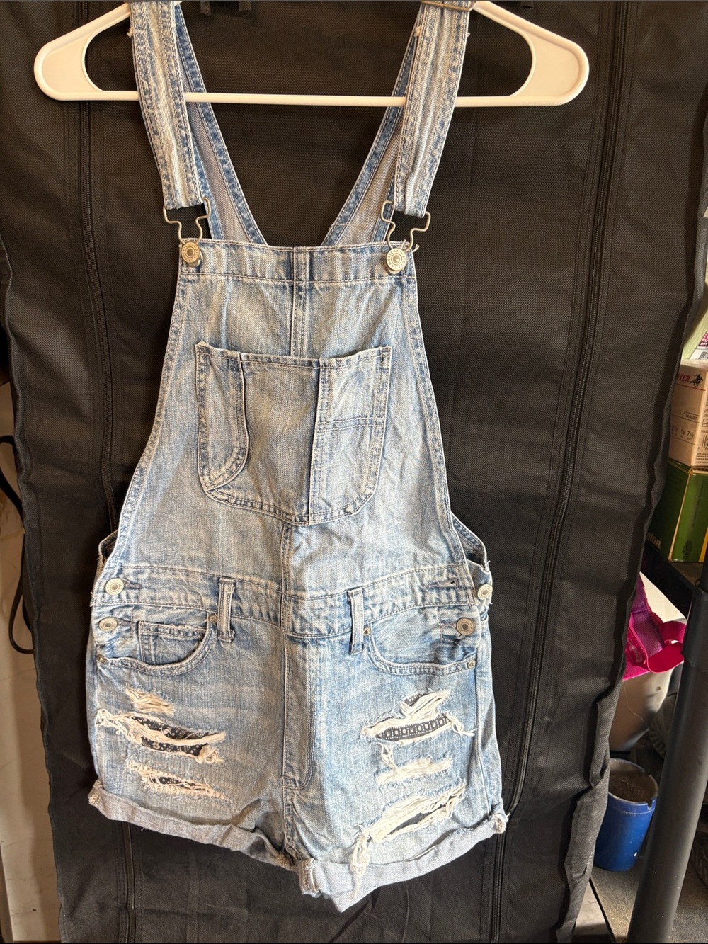 American Eagle Outfitters Light Blue Distressed Denim Short Overalls